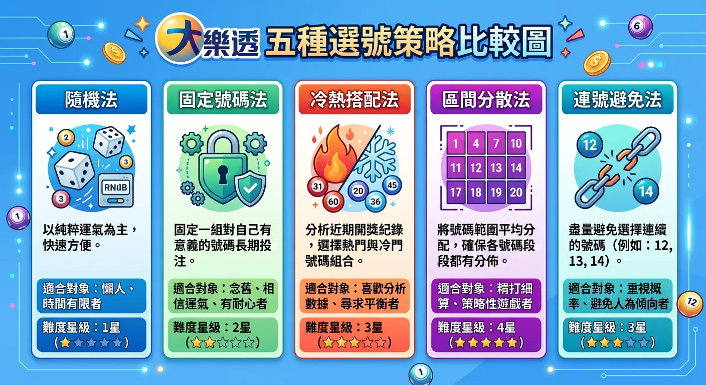 大樂透五種選號策略比較圖，以卡片式排版呈現五種策略：隨機法（骰子圖示）、固定號碼法（鎖頭圖示）、冷熱搭配法（火焰+雪花圖示）、區間分散法（分區格線圖示）、連號避免法（斷裂鏈條圖示），每張卡片下方標示適合對象和難度星級。