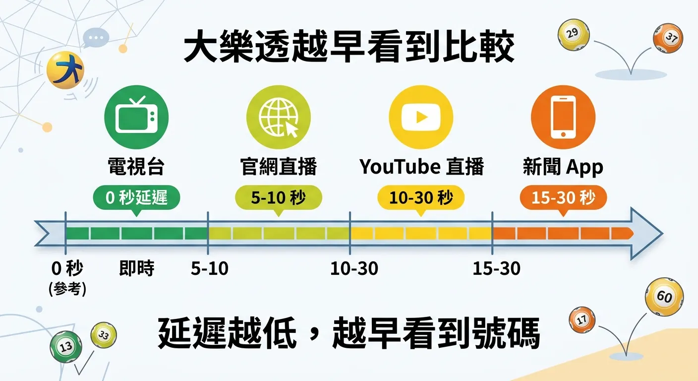 大樂透直播管道延遲比較圖，以橫向時間軸呈現：電視台（0 秒延遲，綠色標記）→ 官網（5-10 秒，黃綠色標記）→ YouTube（10-30 秒，黃色標記）→ 新聞 App（15-30 秒，橘色標記），時間軸上方附有各管道的圖示，下方標示「延遲越低，越早看到號碼」