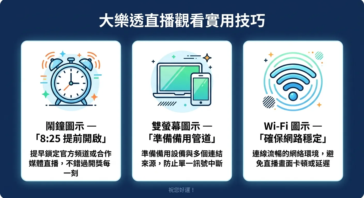大樂透直播觀看實用技巧圖，以三個卡片式區塊呈現：(1) 鬧鐘圖示 —「8:25 提前開啟」(2) 雙螢幕圖示 —「準備備用管道」(3) Wi-Fi 圖示 —「確保網路穩定」，每個卡片下方有簡短說明文字，整體以深藍色為底搭配白色卡片