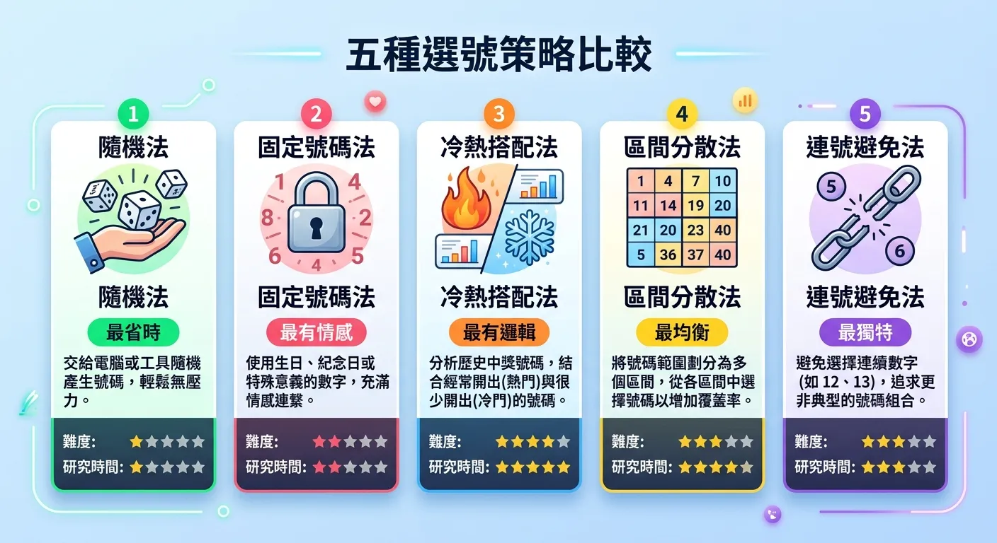 五種選號策略比較卡片圖，每張卡片展示一種策略：隨機法（骰子 + 「最省時」標籤）、固定號碼法（鎖頭 + 「最有情感」）、冷熱搭配法（火焰雪花 + 「最有邏輯」）、區間分散法（分區格線 + 「最均衡」）、連號避免法（斷鏈 + 「最獨特」），底部以星級標示難度和研究時間需求。