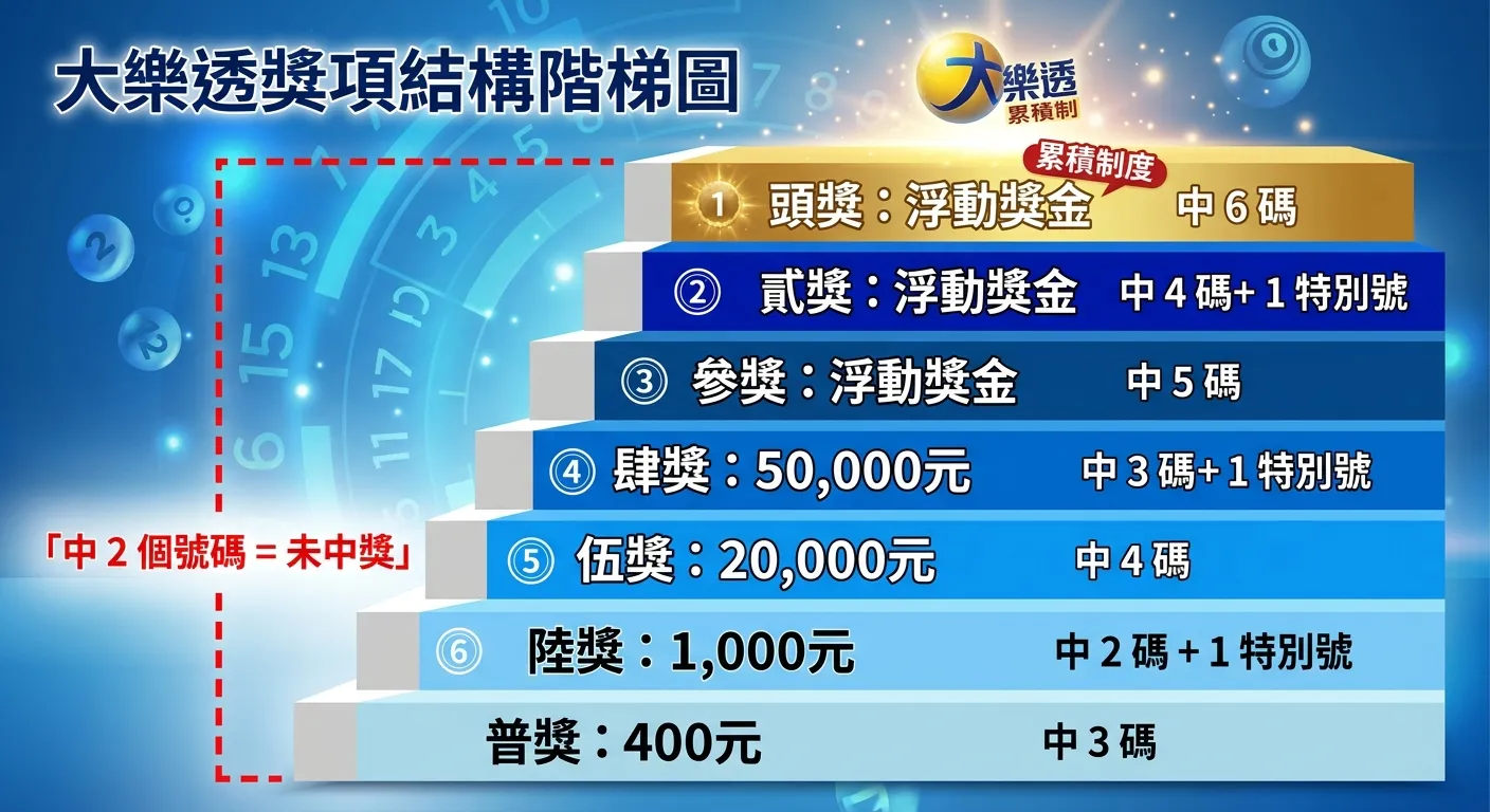 大樂透獎項結構階梯圖，由底部往上層層遞進：普獎 400 元（最寬，淡藍色）→ 陸獎 1,000 元 → 伍獎 20,000 元 → 肆獎 50,000 元 → 參獎（浮動，較深藍色）→ 貳獎（浮動，深藍色）→ 頭獎（最頂端，金色，標示「累積制」），每層標明中獎條件，階梯左側用紅色虛線標示「中 2 個號碼 = 未中獎」的位置