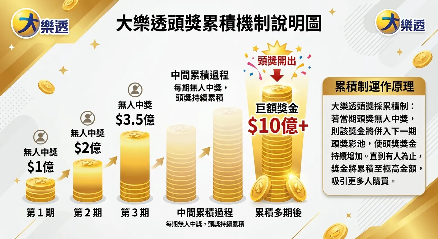 大樂透頭獎累積機制說明圖，以堆疊金幣柱狀圖呈現：第 1 期（矮柱）→ 第 2 期（略高）→ 第 3 期（更高）→...→ 累積多期後（最高柱，標示巨額獎金），每根柱子上方標示「無人中獎」或「頭獎開出」，整體以金色漸層表現獎金增長，右側附有「累積制運作原理」簡短說明