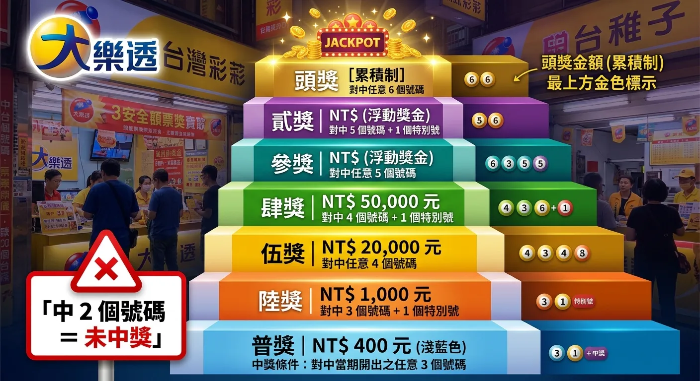大樂透中獎金額階梯圖，由下至上分為七層：普獎 400 元（淺藍）→ 陸獎 1,000 元 → 伍獎 20,000 元 → 肆獎 50,000 元 → 參獎（浮動）→ 貳獎（浮動）→ 頭獎（累積制，最上方用金色標示），每層標示中獎條件與金額，左側附有「中 2 個號碼 = 未中獎」的紅色警示標記