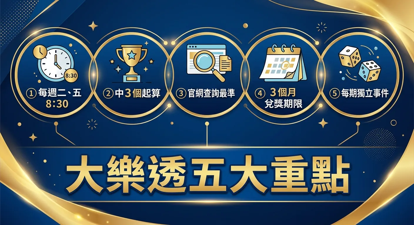 大樂透實用資訊總整理資訊圖，分為五個圓形圖示區塊橫向排列：(1) 時鐘圖示 — 每週二、五 8:30 (2) 獎盃圖示 — 中 3 個起算 (3) 放大鏡圖示 — 官網查詢最準 (4) 日曆圖示 — 3 個月兌獎期限 (5) 骰子圖示 — 每期獨立事件，下方統一標示「大樂透五大重點」，配色為深藍與金色