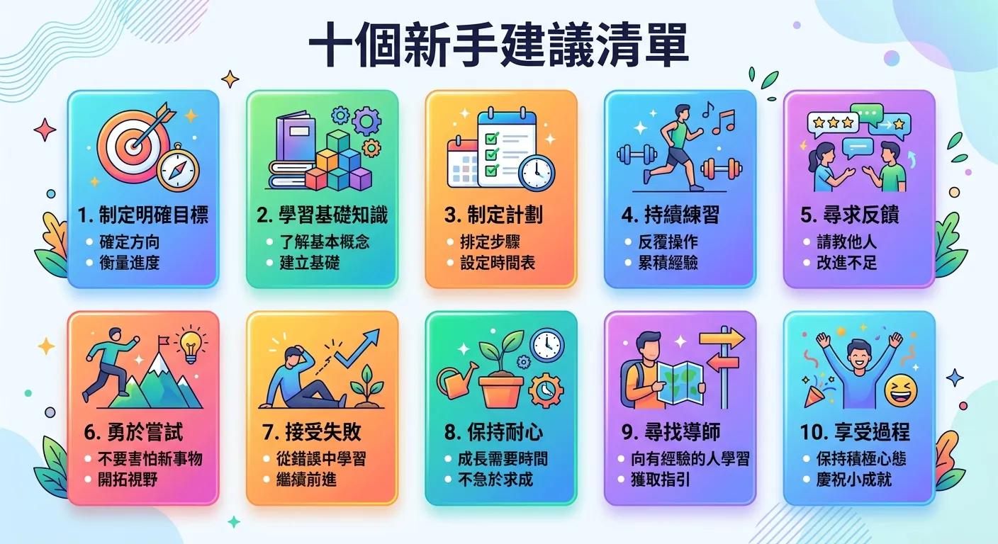 十個新手建議清單資訊圖，以卡片形式呈現十條建議