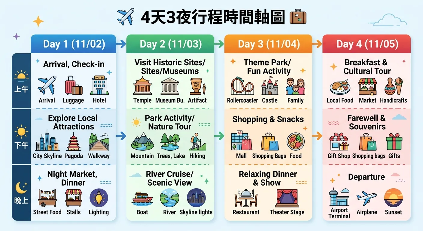4天3夜行程時間軸圖，橫向四天各列上午下午晚上活動，配小圖示