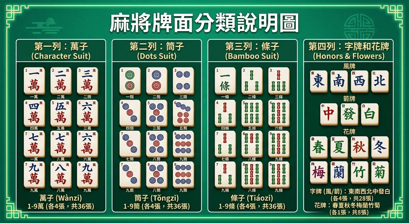 麻將牌面分類說明圖，以四列展示：第一列為萬子（1-9 萬牌面圖示），第二列為筒子（1-9 筒牌面圖示），第三列為條子（1-9 條牌面圖示），第四列為字牌和花牌（東南西北中發白 + 春夏秋冬梅蘭竹菊），每列附上名稱和張數說明，翠綠色背景。