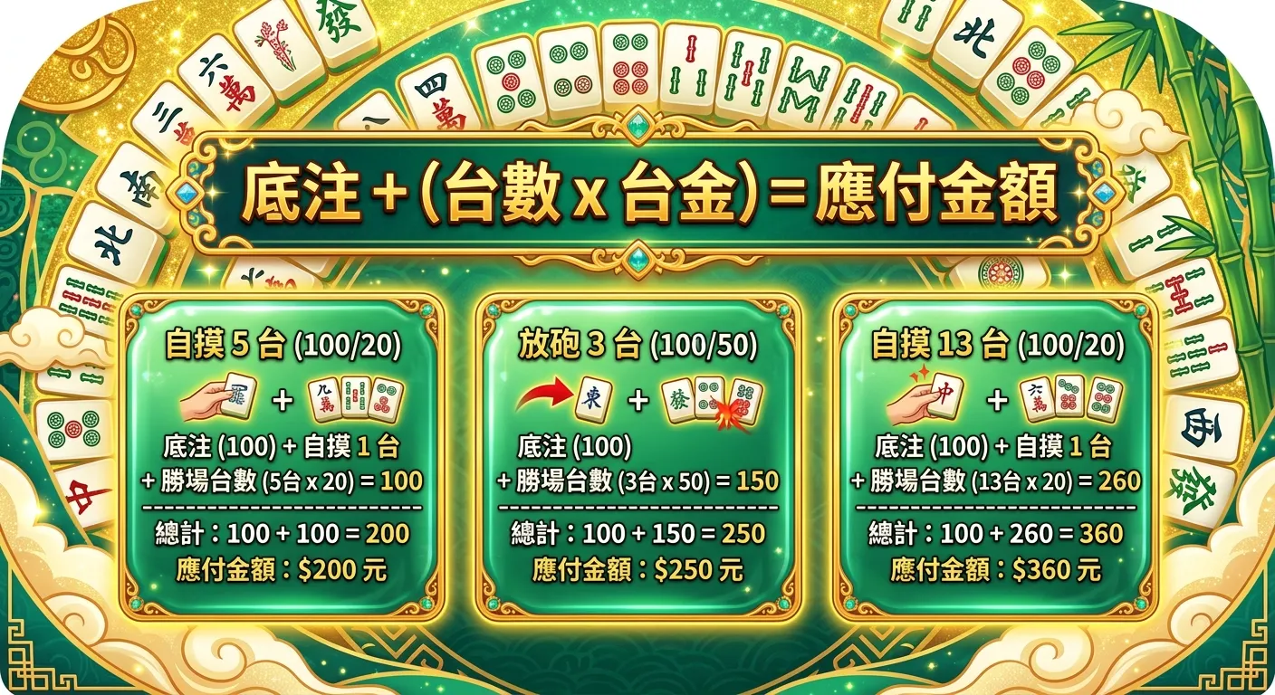 麻將台數計算公式說明圖，中央為大字「底注 + (台數 x 台金) = 應付金額」，下方以三個計算範例卡片呈現（100/20 自摸 5 台、100/50 放砲 3 台、100/20 自摸 13 台），每張卡片標示完整計算過程和最終金額，金色文字翠綠色背景。