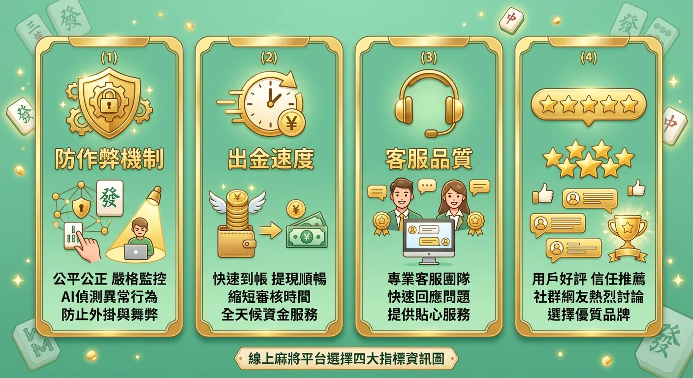 線上麻將平台選擇四大指標資訊圖，以四個並排的卡片呈現：(1) 防作弊機制（盾牌圖示）(2) 出金速度（時鐘圖示）(3) 客服品質（耳機圖示）(4) 口碑評價（星星圖示），每張卡片下方有說明文字，翠綠色背景金色圖示。