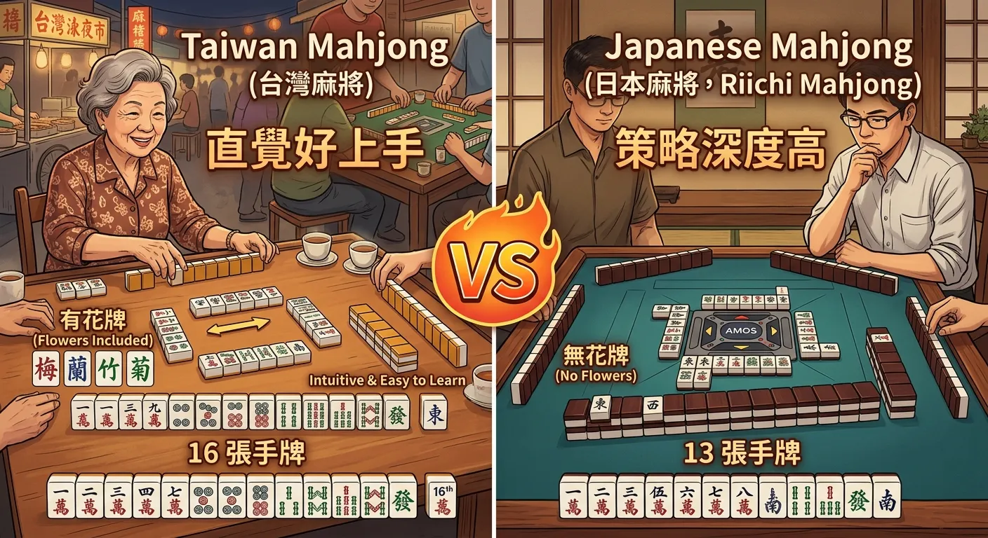 台灣麻將 vs 日本麻將對照圖，畫面分為左右兩半。左半邊為台灣麻將風格（16 張手牌、有花牌），標籤「直覺好上手」。右半邊為日本麻將風格（13 張手牌、無花牌），標籤「策略深度高」。中間 VS 標記，暖色調。