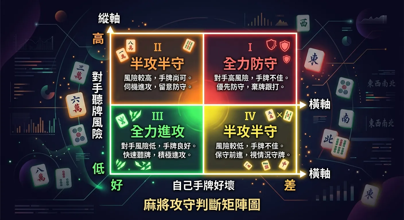 麻將攻守判斷矩陣圖，橫軸為「自己手牌好壞」（好→差），縱軸為「對手聽牌風險」（低→高），四個象限分別標示建議策略：全力進攻、半攻半守、半攻半守、全力防守，用綠黃橘紅四色標示，深色背景。
