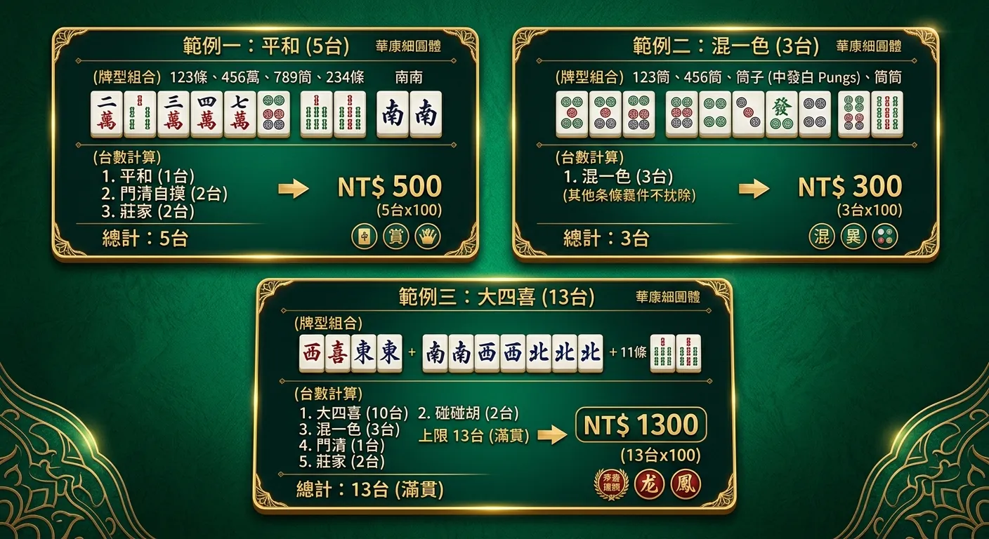 三個計算範例視覺化卡片，每張卡片包含牌型組合示意、台數計算過程和最終金額，由上到下依複雜度遞增（5台→3台→13台），金色邊框翠綠色背景。