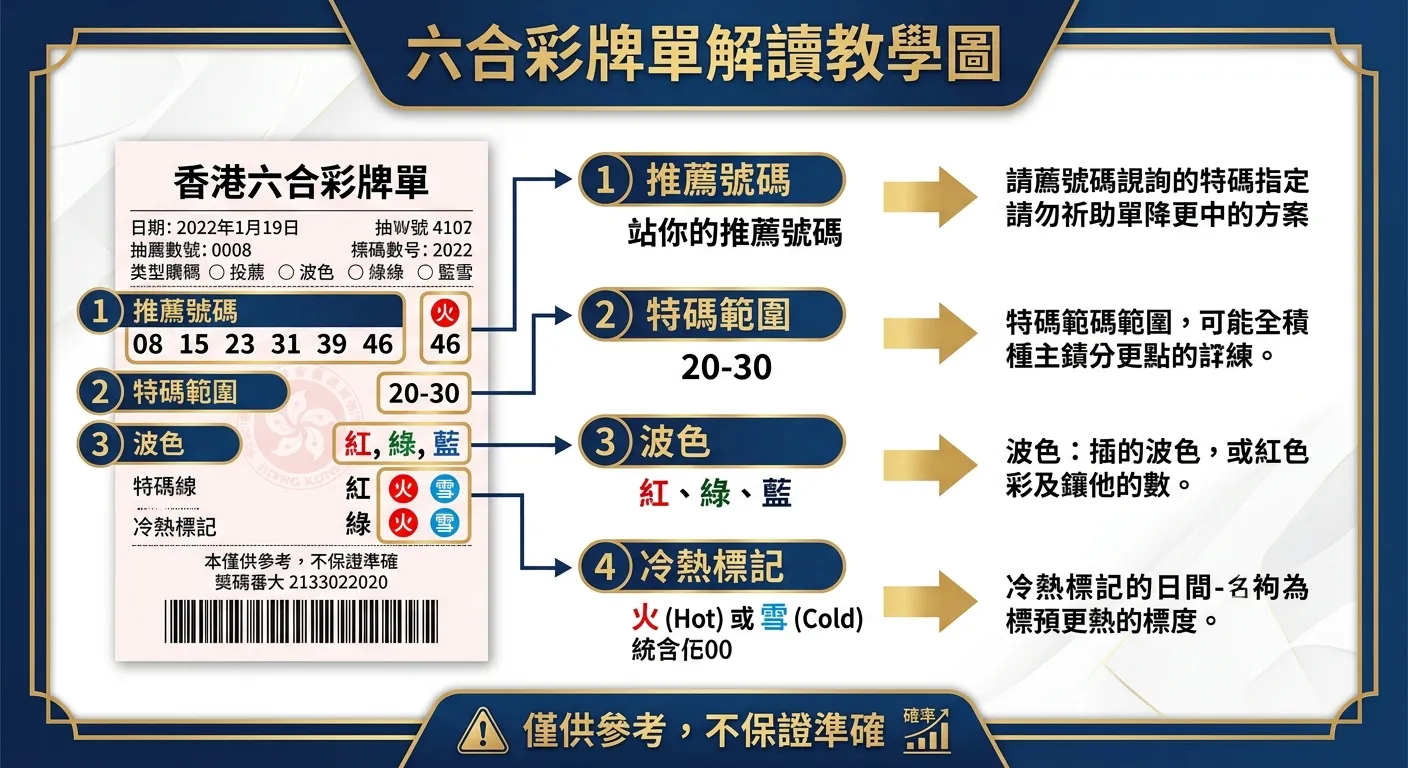 六合彩牌單解讀教學圖，左側展示一張模擬牌單範例（含推薦號碼、特碼範圍、波色、冷熱標記等欄位），右側用箭頭標註各欄位的閱讀順序和重點，底部有警示文字「僅供參考，不保證準確」。配色使用深藍與金色