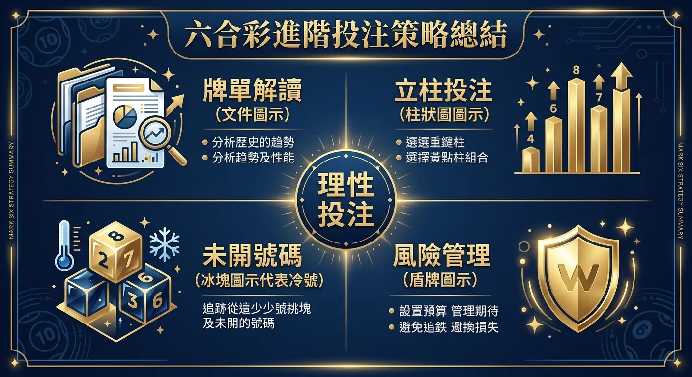 六合彩進階投注策略總結資訊圖，分為四個象限：左上「牌單解讀」（文件圖示）、右上「立柱投注」（柱狀圖圖示）、左下「未開號碼」（冰塊圖示代表冷號）、右下「風險管理」（盾牌圖示），中央為「理性投注」文字。配色使用金色與深藍