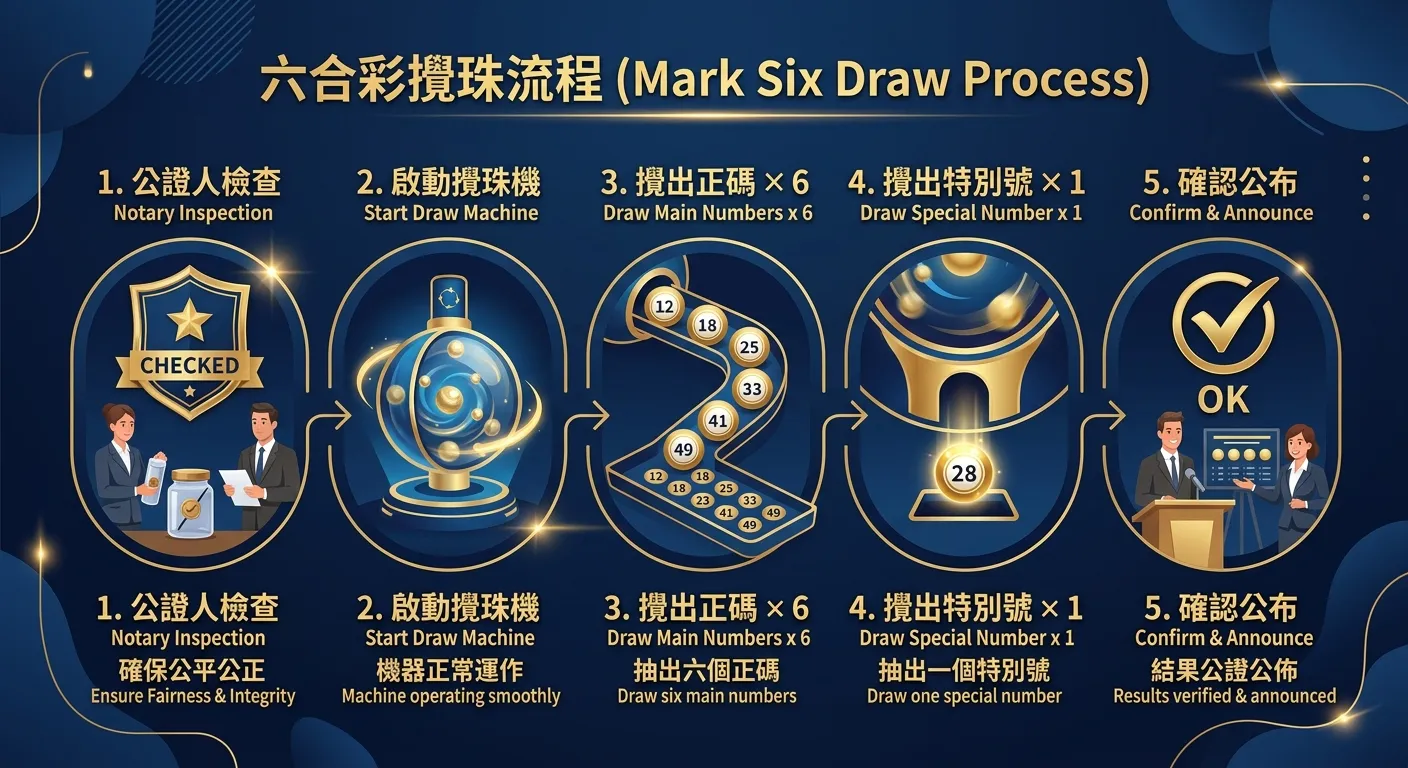 六合彩攪珠流程五步驟圖，由左至右：1.公證人檢查（盾牌圖示）→ 2.啟動攪珠機（機器圖示）→ 3.攪出正碼×6（六顆球）→ 4.攪出特別號×1（一顆球）→ 5.確認公布（勾選圖示），步驟間以箭頭連接。配色使用深藍與金色系