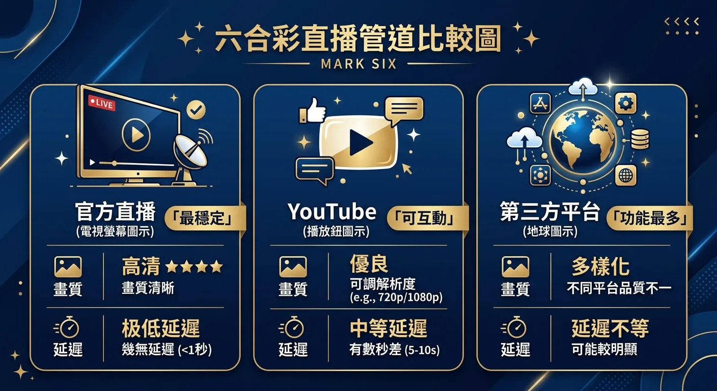 六合彩直播管道比較圖，三個區塊：官方直播（電視螢幕圖示，標示「最穩定」）、YouTube（播放鈕圖示，標示「可互動」）、第三方平台（地球圖示，標示「功能最多」），每個區塊下方列出畫質和延遲指標。配色使用深藍與金色系