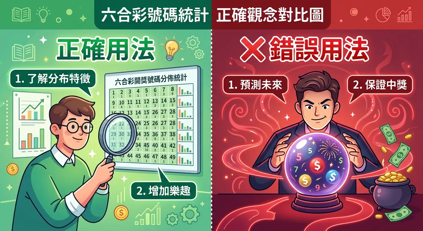 六合彩號碼統計正確觀念對比圖，左半邊為「正確用法」（放大鏡搭配圖表，標示「了解分布特徵」「增加樂趣」），右半邊為「錯誤用法」（水晶球搭配紅色叉叉，標示「預測未來」「保證中獎」），中間用虛線分隔，配色使用綠色與紅色對比
