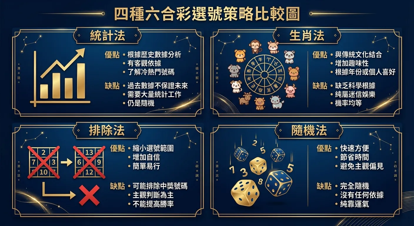 四種六合彩選號策略比較圖，四個區塊分別展示：統計法（柱狀圖圖示）、生肖法（生肖圖示）、排除法（刪除線圖示）、隨機法（骰子圖示），每個區塊標示優缺點，配色使用深藍與金色系