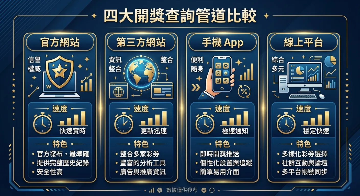 四大開獎查詢管道比較資訊圖，四個區塊並排：官方網站（盾牌圖示）、第三方網站（地球圖示）、手機 App（手機圖示）、線上平台（電腦圖示），每個區塊下方列出「速度」和「特色」兩項指標。配色使用深藍與金色系
