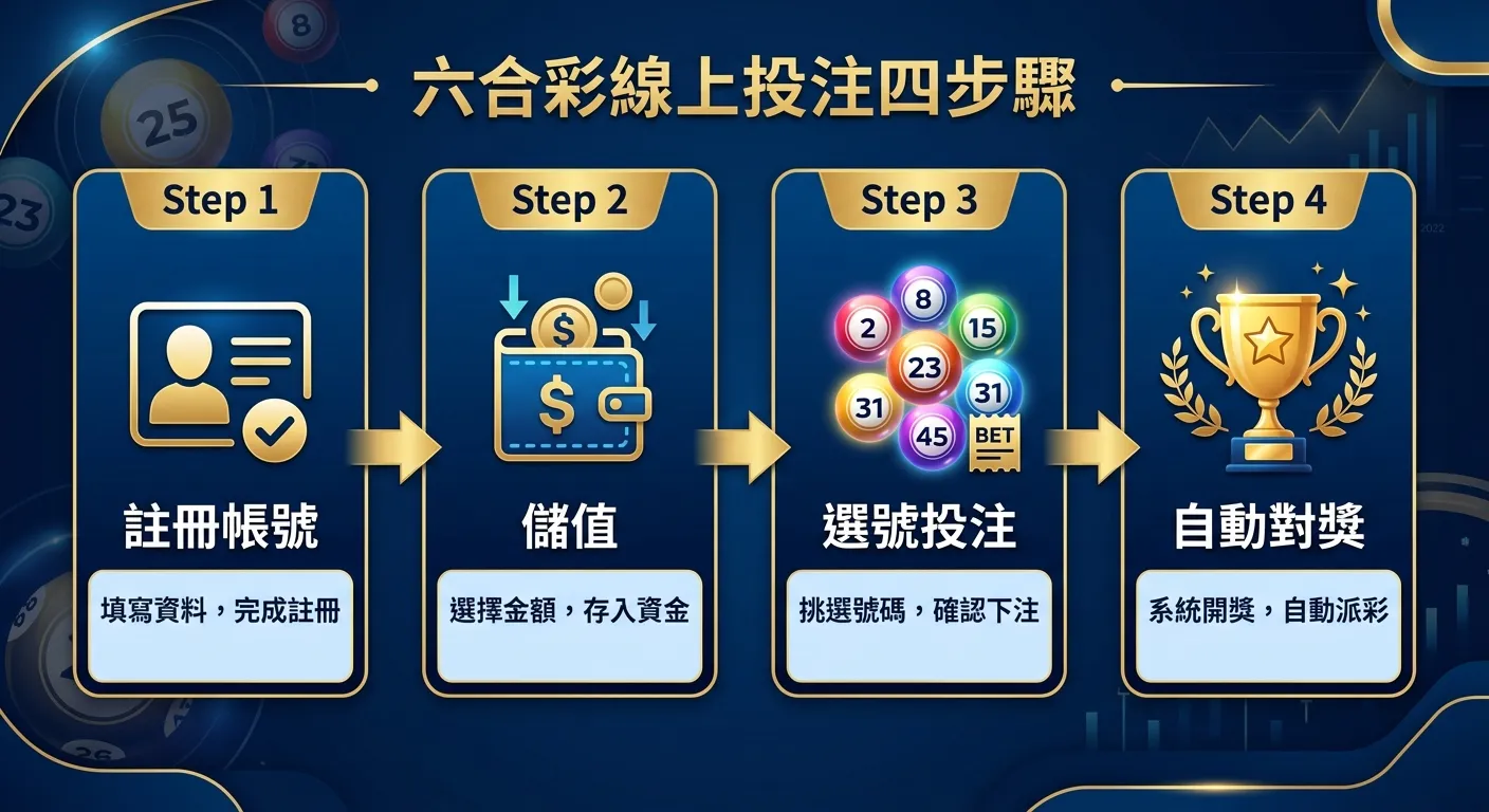 六合彩線上投注四步驟流程圖，由左至右依序標示：Step 1 註冊帳號（人形圖示）→ Step 2 儲值（錢包圖示）→ Step 3 選號投注（號碼球圖示）→ Step 4 自動對獎（獎杯圖示），步驟間以箭頭連接，配色使用深藍與金色系