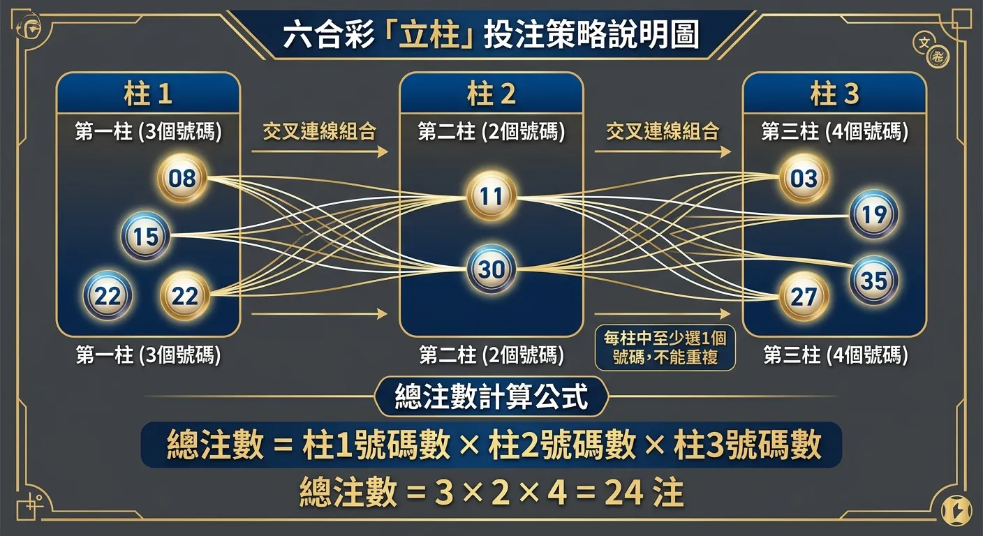 六合彩立柱投注策略說明圖，畫面分為三個「柱」區塊，每個柱內放置不同數量的號碼球，柱與柱之間用交叉線連接表示組合，下方標示總注數計算公式。配色使用深藍與金色系，背景深灰