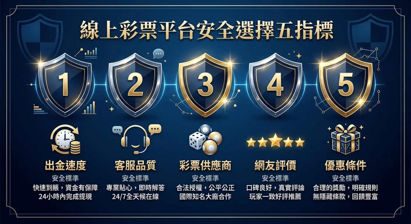 線上彩票平台安全選擇五指標資訊圖，五個指標以盾牌圖示排列：出金速度（時鐘）、客服品質（耳機）、彩票供應商（骰子）、網友評價（星號）、優惠條件（禮物），每個指標下方標示安全標準，配色使用深藍與金色系