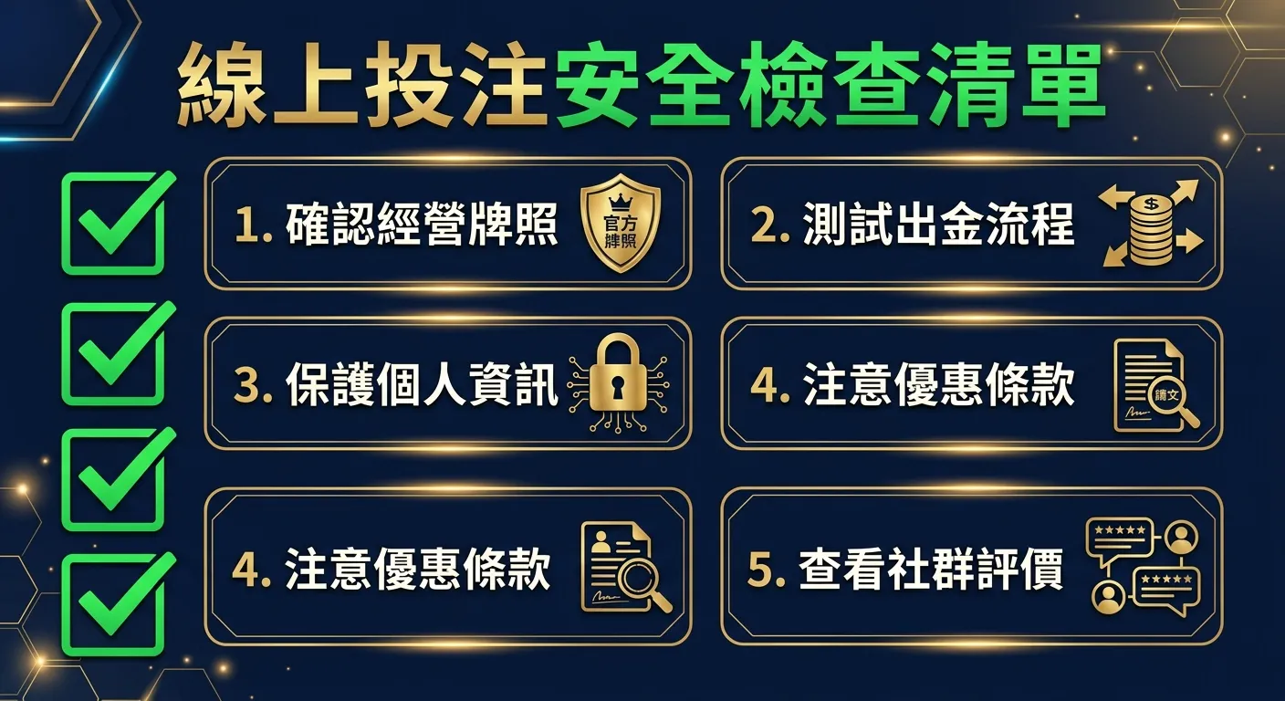 線上投注安全檢查清單，以五個打勾方框呈現：1.確認經營牌照（牌照圖示）2.測試出金流程（金幣圖示）3.保護個人資訊（鎖頭圖示）4.注意優惠條款（文件圖示）5.查看社群評價（對話氣泡圖示），左側為綠色打勾區。配色使用深藍背景搭配金色和綠色
