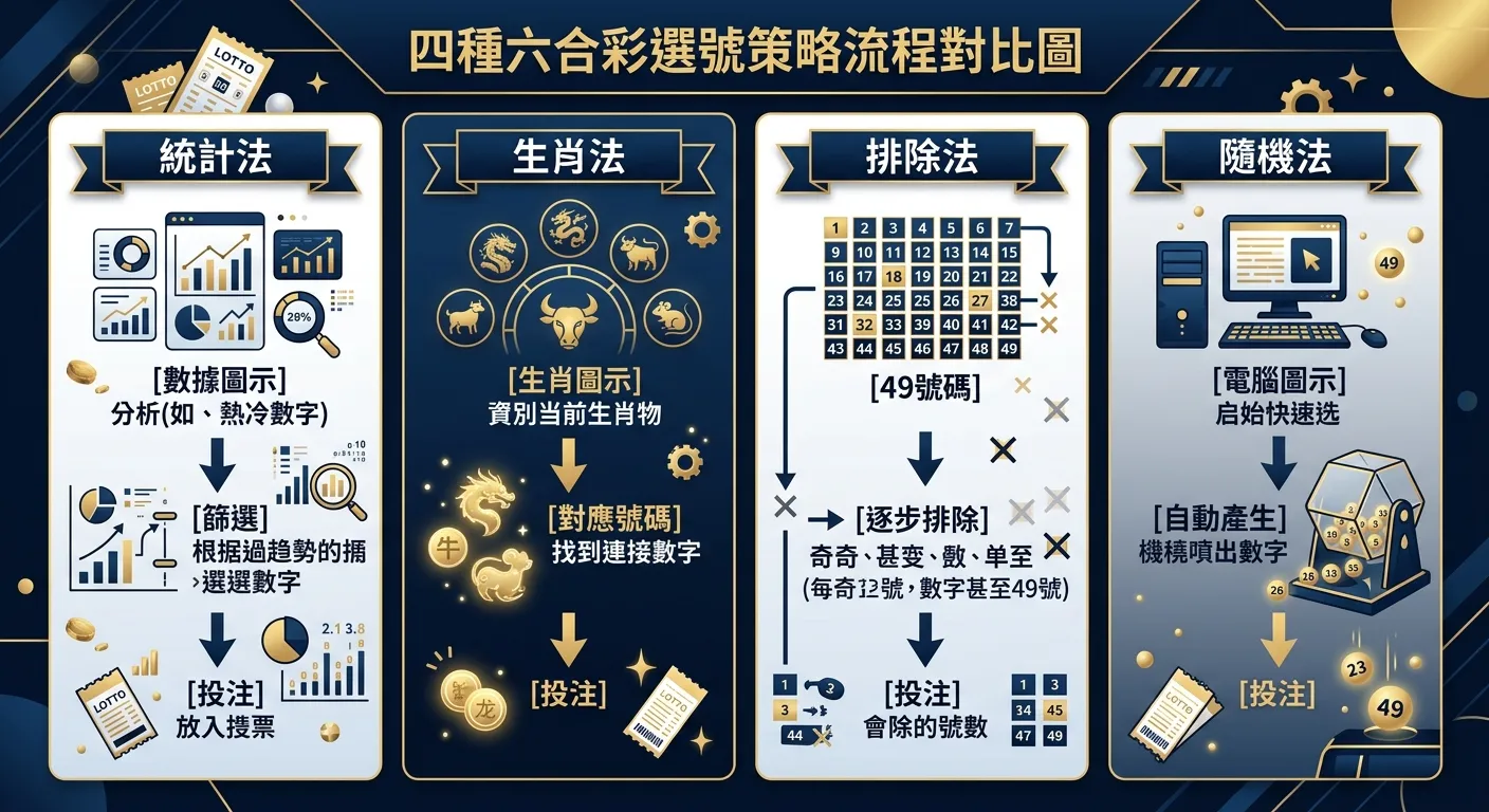 四種六合彩選號策略流程對比圖，四欄並排：統計法（數據圖示→篩選→投注）、生肖法（生肖圖示→對應號碼→投注）、排除法（49號碼→逐步排除→投注）、隨機法（電腦圖示→自動產生→投注），配色使用深藍與金色系