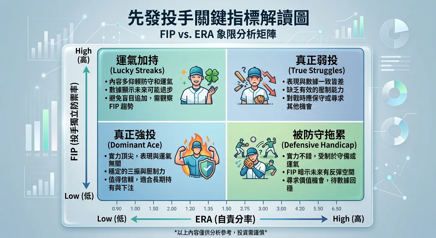 先發投手關鍵指標解讀圖，四個象限矩陣：X 軸為 ERA（低→高），Y 軸為 FIP（低→高），四個象限分別標示「真正強投」（左下）、「運氣加持」（左上）、「被防守拖累」（右下）、「真正弱投」（右上），每個象限附投注建議文字。