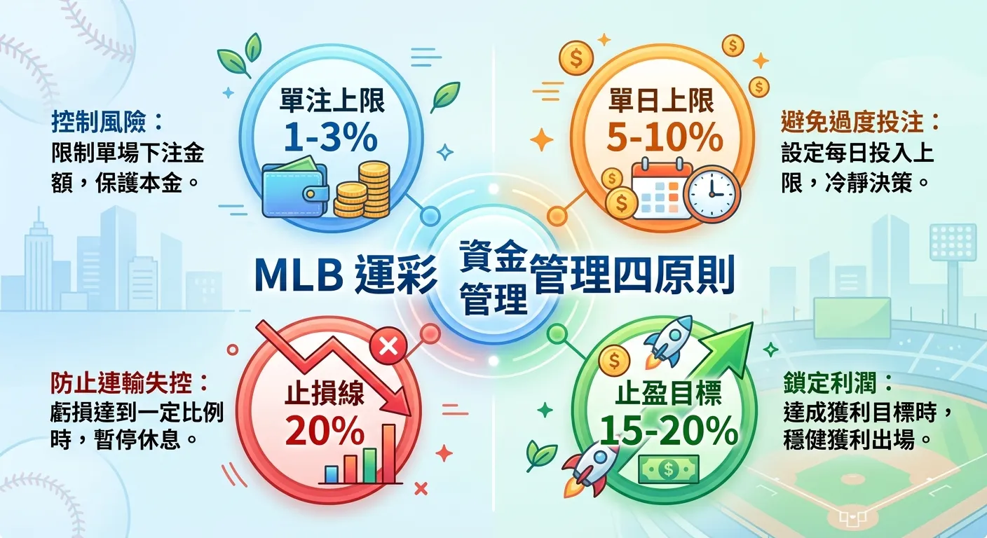 MLB 運彩資金管理四原則圖，四個圓形圖示環繞中央的「資金管理」標題：單注上限 1-3%（錢包圖示）、單日上限 5-10%（日曆圖示）、止損線 20%（紅色底線圖示）、止盈目標 15-20%（綠色向上箭頭圖示），每個圓形旁附簡短文字說明。