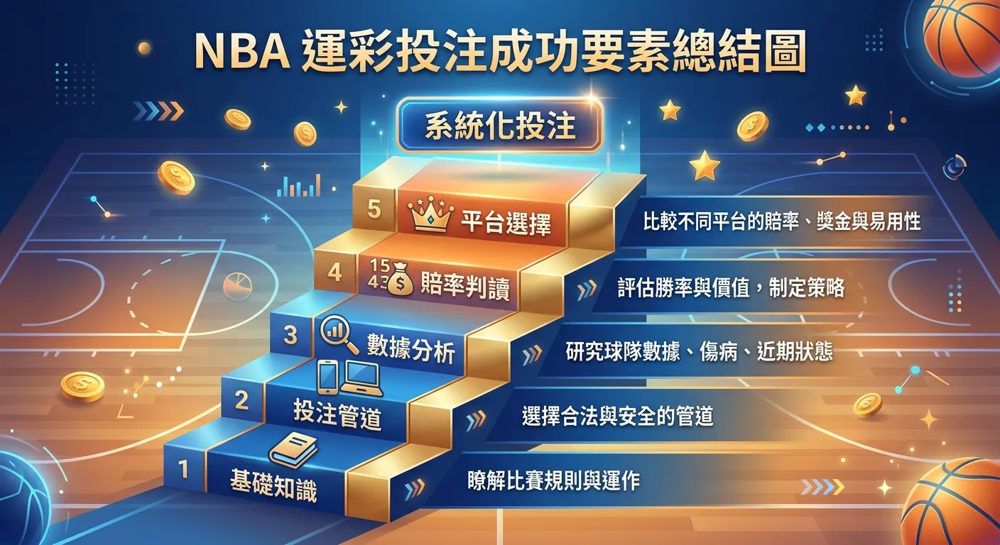 NBA 運彩投注成功要素總結圖，五個關鍵要素以階梯形式由下至上排列：基礎知識 → 投注管道 → 數據分析 → 賠率判讀 → 平台選擇，每階梯旁附上一句核心提示，最頂端為「系統化投注」，藍橘金色漸層配色