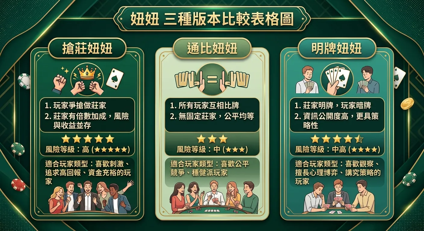 妞妞三種版本比較表格圖，以三列卡片呈現搶莊妞妞、通比妞妞、明牌妞妞，每張卡片包含：版本名稱、規則特點（2-3 點文字）、風險等級（用星星數量表示）、適合玩家類型，深綠色金色配色。