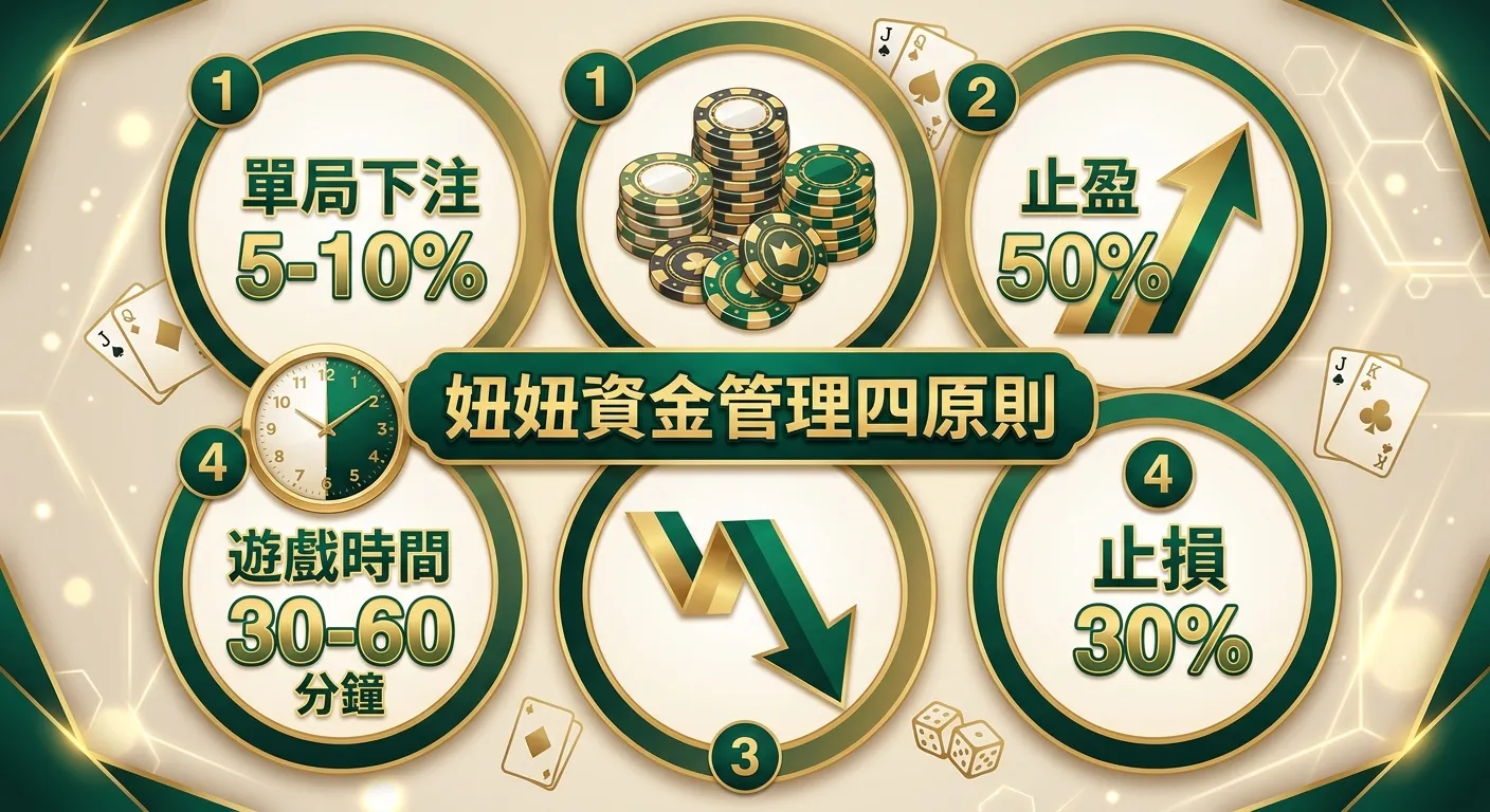 妞妞資金管理四原則資訊圖，以四個圓形區塊呈菱形排列：(1) 單局下注 5-10%（籌碼圖示）(2) 止盈 50%（上升箭頭圖示）(3) 止損 30%（下降箭頭圖示）(4) 遊戲時間 30-60 分鐘（時鐘圖示），中央標示「妞妞資金管理四原則」，配色使用金色與深綠色系。