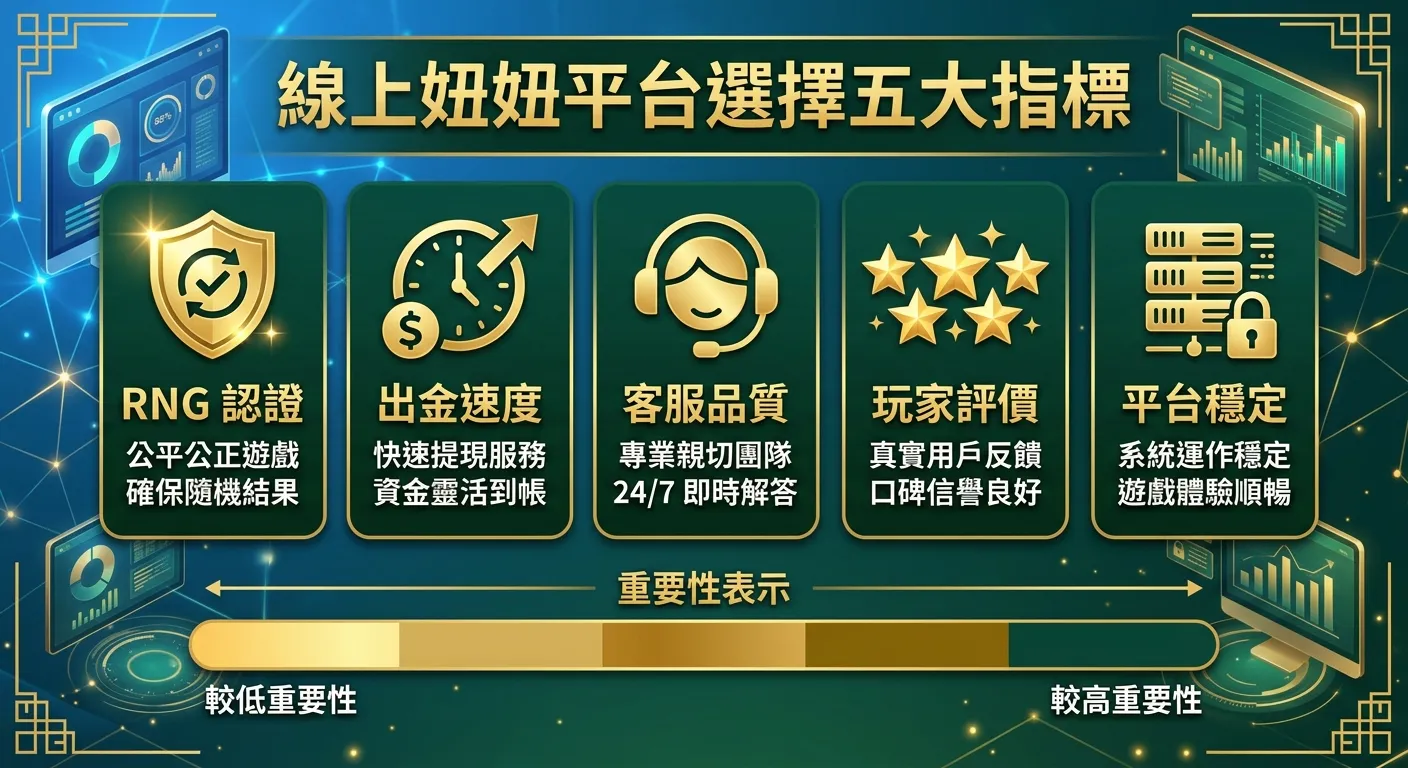 線上妞妞平台選擇五大指標資訊圖，五個評選項目呈水平排列，每個項目用圖示加文字呈現：RNG 認證（盾牌圖示）、出金速度（時鐘圖示）、客服品質（耳機圖示）、玩家評價（星星圖示）、平台穩定（伺服器圖示），下方以顏色深淺表示重要性，金色與深綠色配色。