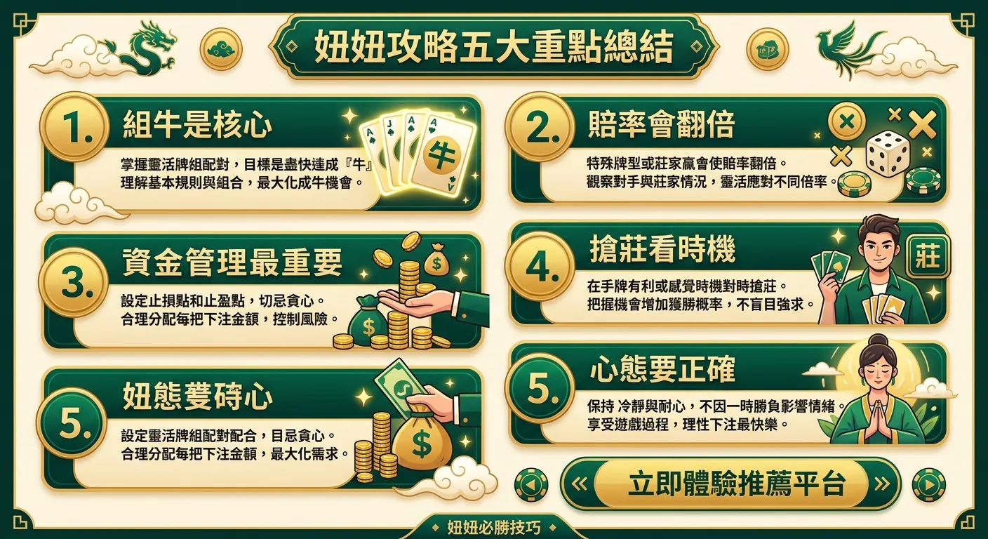 妞妞攻略五大重點總結圖，五個要點以垂直列表排列，每個要點左側有編號圓圈（1-5），右側為重點文字摘要：組牛是核心、賠率會翻倍、資金管理最重要、搶莊看時機、心態要正確。底部有 CTA 按鈕區塊「立即體驗推薦平台」，金色深綠色配色。