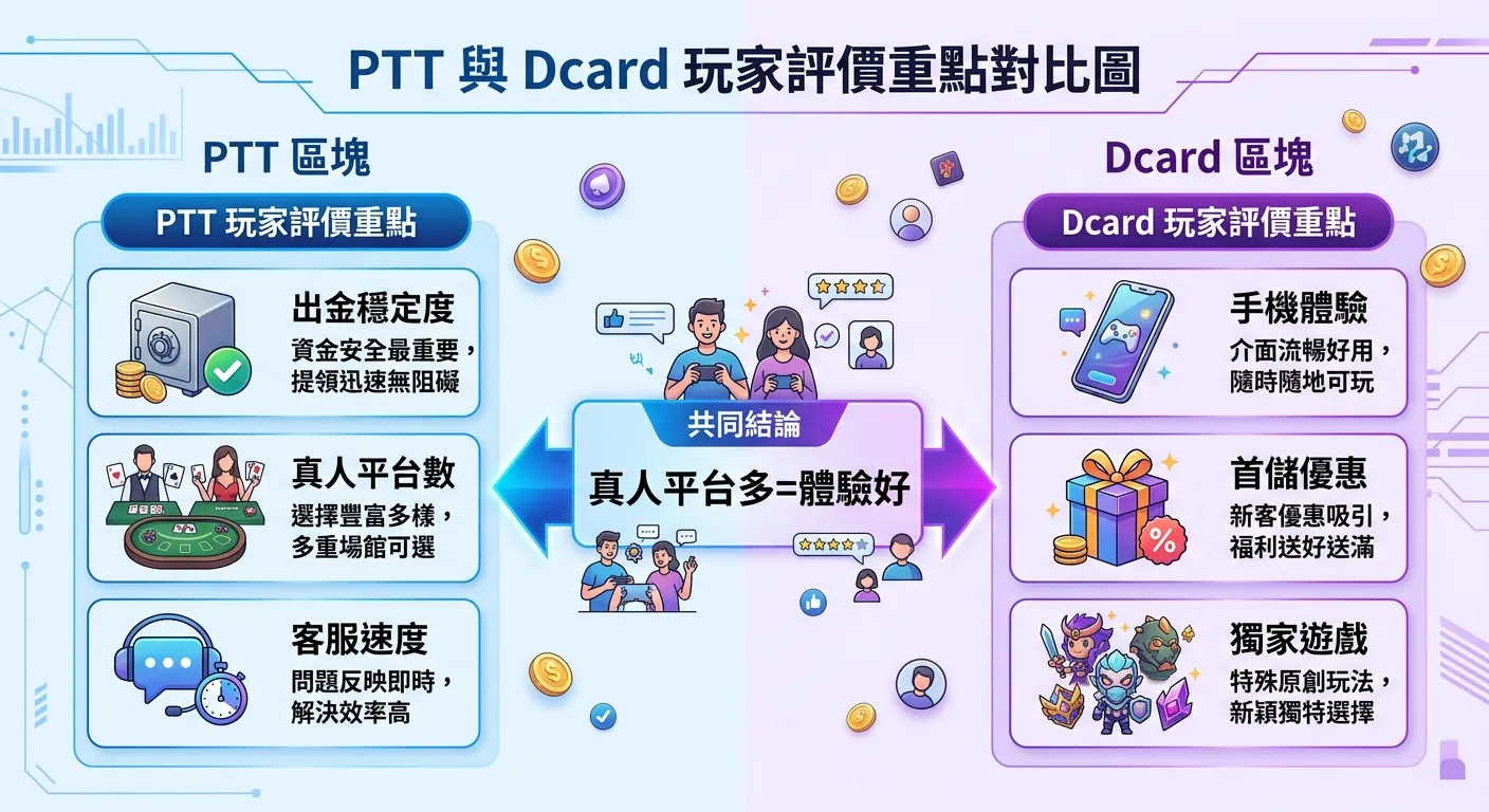 PTT 與 Dcard 玩家評價重點對比圖，左側 PTT 區塊列出三個重點（出金穩定度、真人平台數、客服速度），右側 Dcard 區塊列出三個重點（手機體驗、首儲優惠、獨家遊戲），中間箭頭指向共同結論「真人平台多=體驗好」，藍色與紫色雙色調