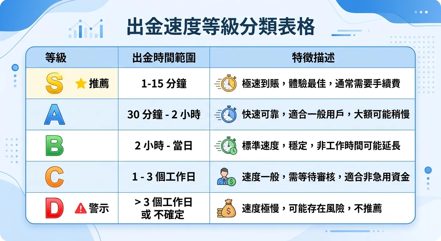 出金速度等級分類表格圖，以五行表格呈現 S 到 D 五個等級，每行包含等級字母（S 級用金色、D 級用紅色）、出金時間範圍、特徵描述，S 級標示推薦星號，D 級標示紅色警告圖示
