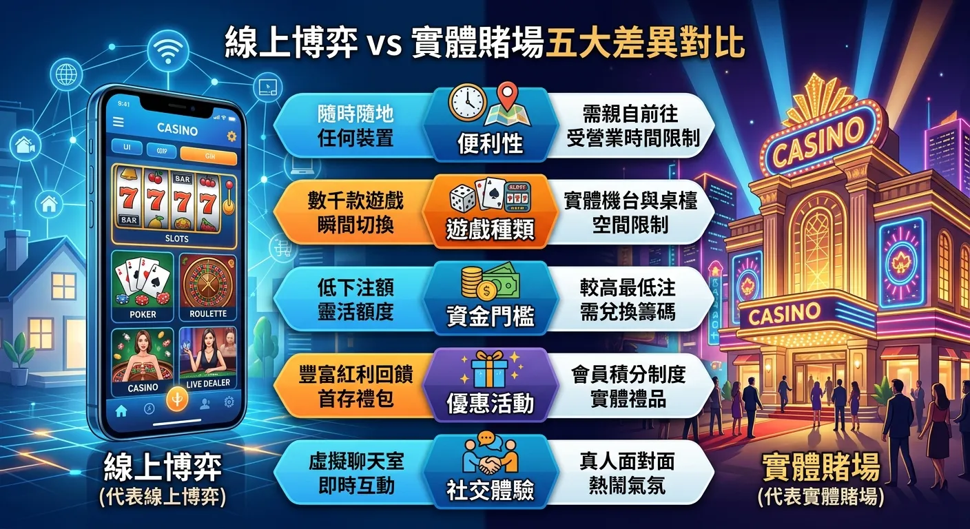 線上博弈 vs 實體賭場五大差異對比圖，左側為手機螢幕（代表線上博弈），右側為賭場建築（代表實體賭場），中間以五個橫向比較列連接：便利性、遊戲種類、資金門檻、優惠活動、社交體驗，每列用圖示和簡短文字標示兩端差異
