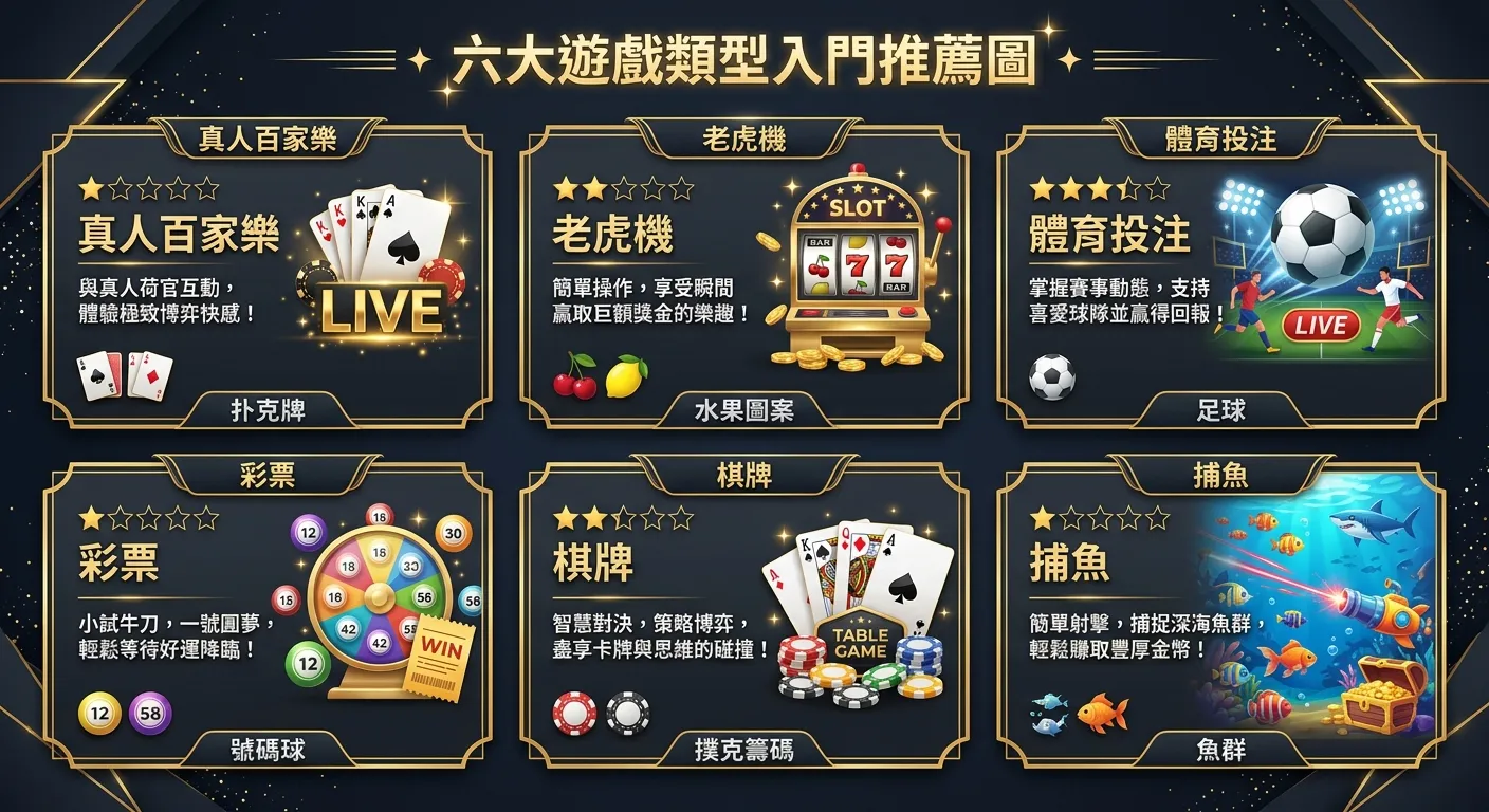 六大遊戲類型入門推薦圖，六個遊戲類型以卡片形式排列（2×3 網格），每張卡片包含遊戲名稱、代表性圖示、上手難度星級、一句話推薦理由：真人百家樂（撲克牌）、老虎機（水果圖案）、體育投注（足球）、彩票（號碼球）、棋牌（撲克籌碼）、捕魚（魚群），卡片底色深灰搭配金色邊框