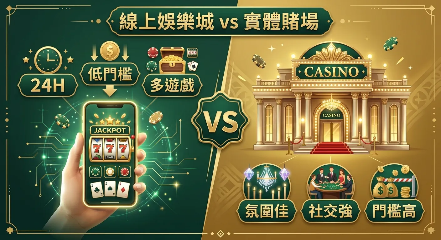 線上娛樂城與實體賭場比較資訊圖，畫面分為左右兩半：左側為手機上的線上遊戲介面搭配「24H」「低門檻」「多遊戲」標籤，右側為賭場建築外觀搭配「氛圍佳」「社交強」「門檻高」標籤，中間以 VS 字樣分隔，配色使用金色與深綠色系