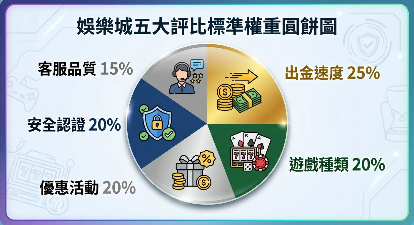 娛樂城五大評比標準權重圓餅圖，五個扇形區塊分別標示：出金速度 25%（金色）、遊戲種類 20%（深綠色）、優惠活動 20%（銀色）、安全認證 20%（深藍色）、客服品質 15%（灰色），每個扇形旁邊附有該項目的代表性圖示