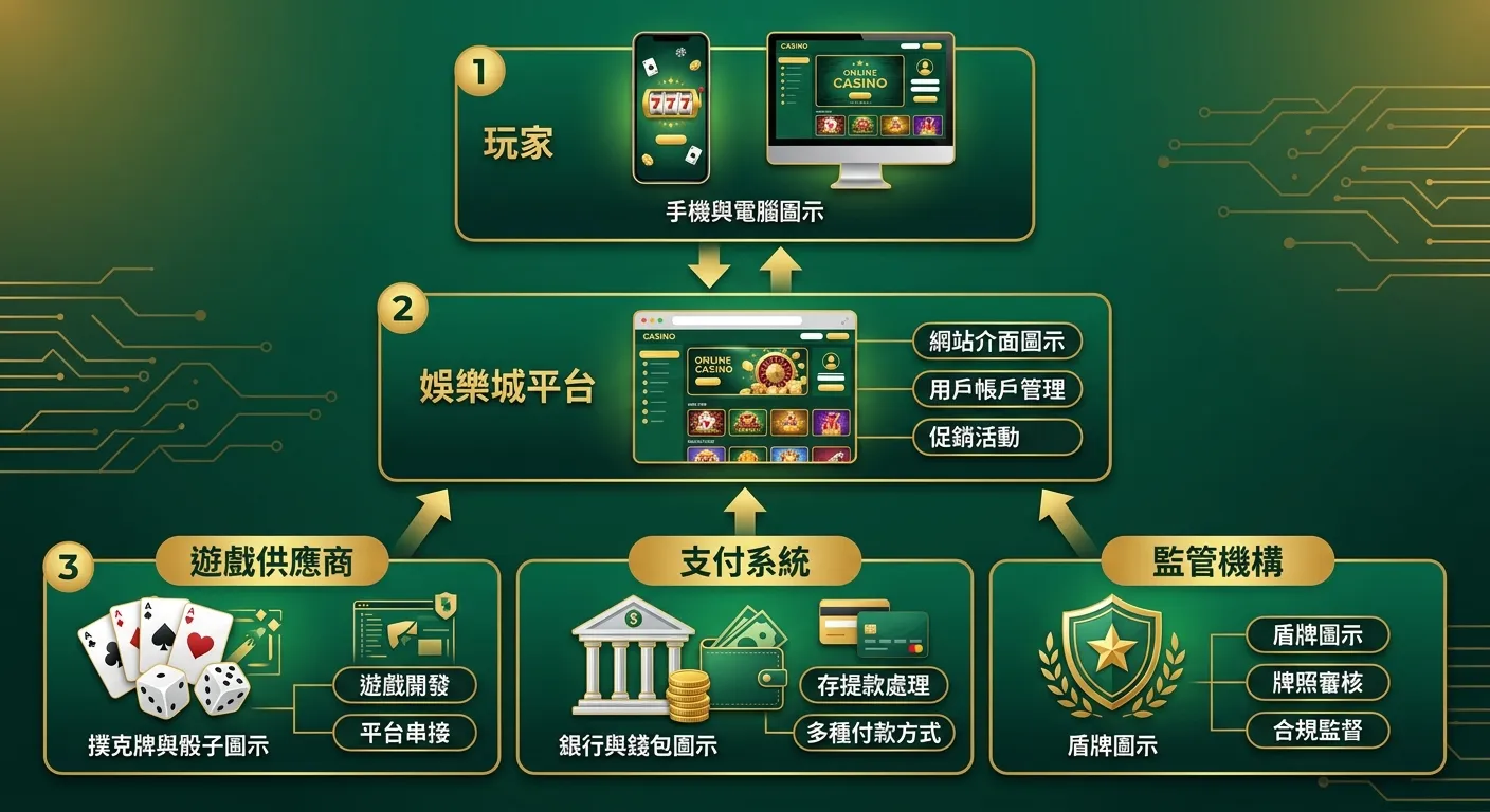 線上博弈生態系統說明圖，三個層級由上至下排列：頂部為「玩家」（手機與電腦圖示），中間為「娛樂城平台」（網站介面圖示），底部分為三個區塊：「遊戲供應商」（撲克牌與骰子圖示）、「支付系統」（銀行與錢包圖示）、「監管機構」（盾牌圖示），各層級間以箭頭連接，配色深綠與金色