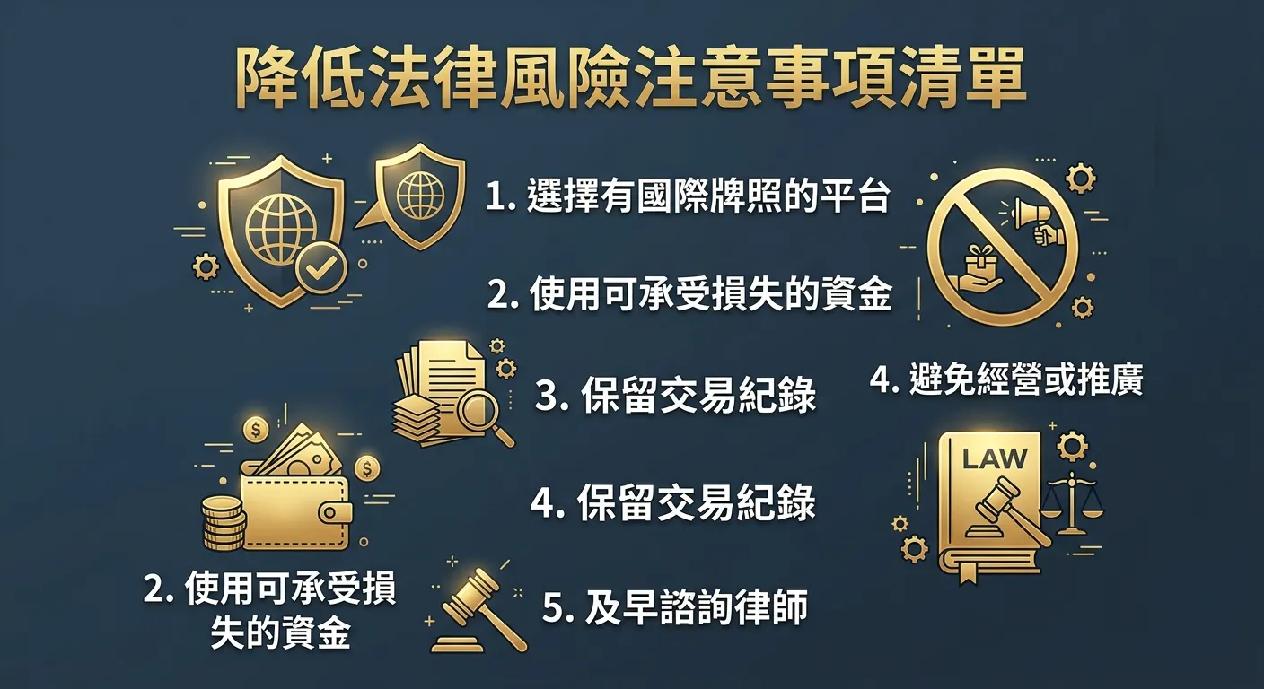 降低法律風險注意事項清單圖，五個項目縱向排列：1. 選擇有國際牌照的平台（盾牌圖示）、2. 使用可承受損失的資金（錢包圖示）、3. 保留交易紀錄（文件圖示）、4. 避免經營或推廣（禁止圖示）、5. 及早諮詢律師（法律書圖示）。配色深藍灰底金色標題。