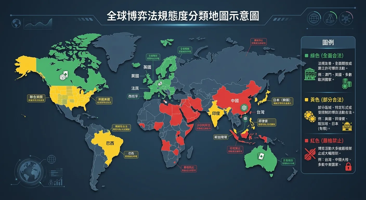 全球博弈法規態度分類地圖示意圖，以不同顏色標示各區域：綠色（全面合法，如澳門、英國）、黃色（部分合法，如美國、菲律賓）、紅色（嚴格禁止，如台灣目前）。右側附圖例說明。配色深藍灰底。