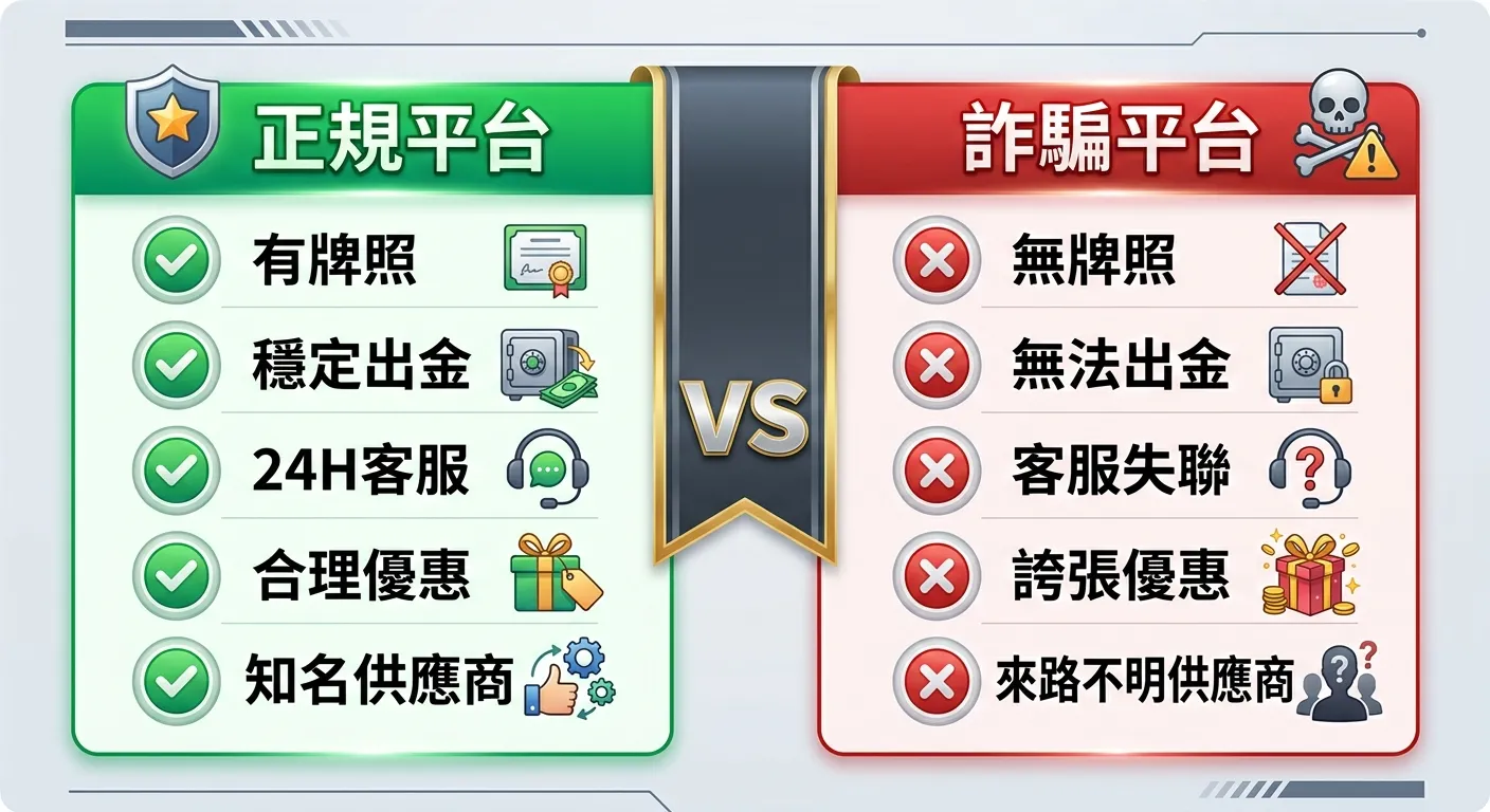 正規平台 vs 詐騙平台對比圖，左右各一個區塊。左側「正規平台」以綠色為主色，列出五個正面特徵（有牌照、穩定出金、24H客服、合理優惠、知名供應商），每項旁有綠色勾選圖示。右側「詐騙平台」以紅色為主色，列出五個負面特徵（無牌照、無法出金、客服失聯、誇張優惠、來路不明供應商），每項旁有紅色叉叉圖示。中間用 VS 分隔。