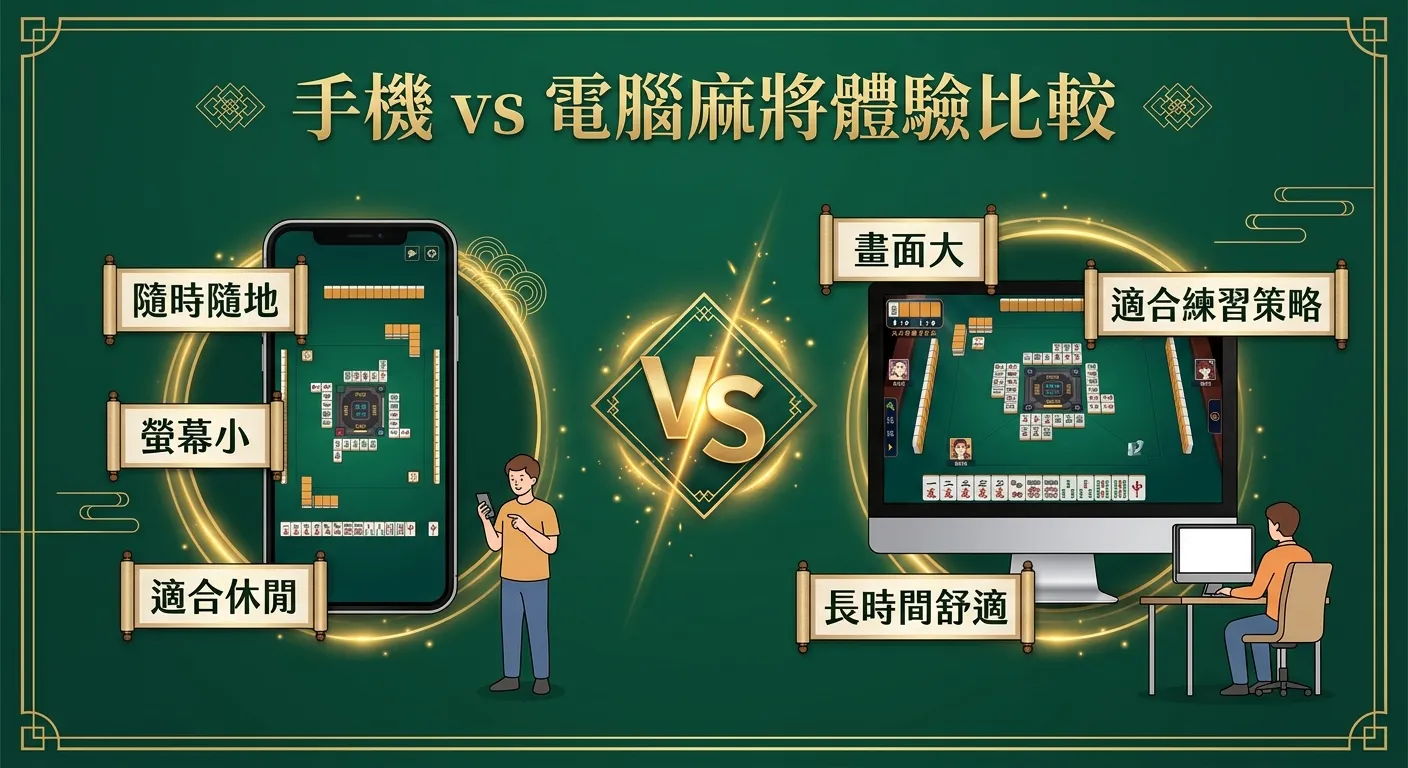 手機 vs 電腦麻將體驗比較圖，左側手機圖示附標籤「隨時隨地、螢幕小、適合休閒」，右側電腦螢幕圖示附標籤「畫面大、適合練習策略、長時間舒適」，中間 VS 圖示，配色使用深綠背景金色字體