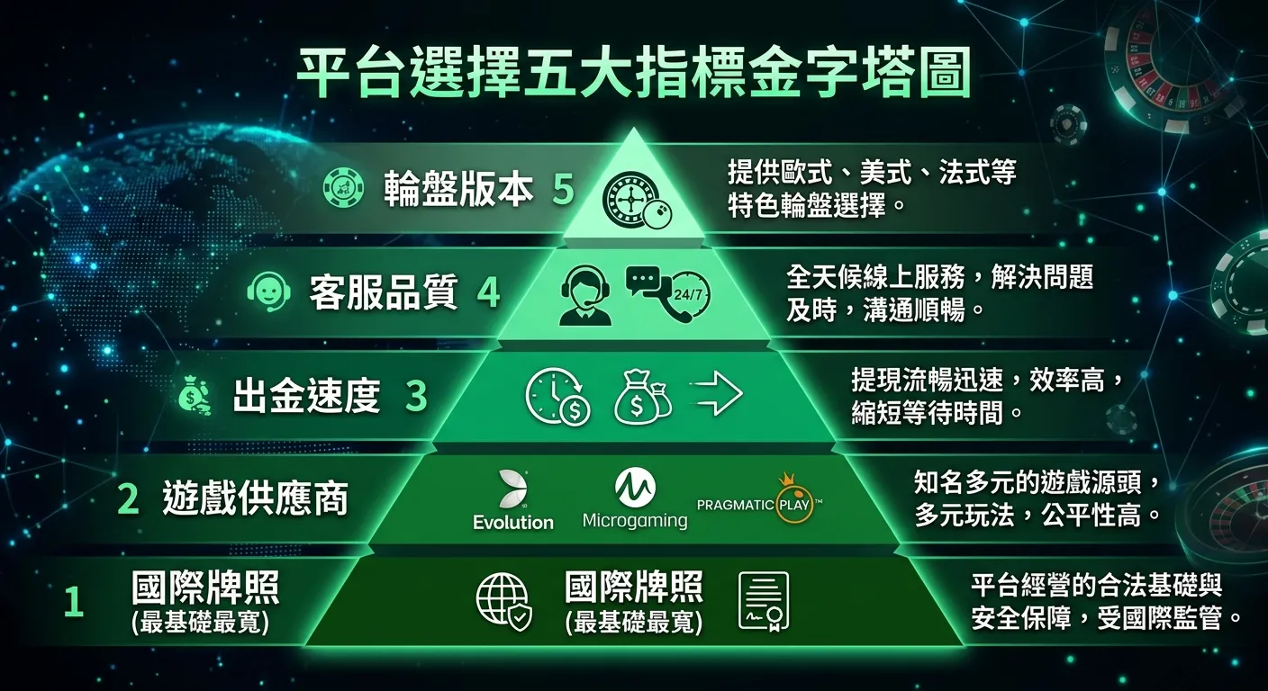 平台選擇五大指標金字塔圖，從底到頂依序為：國際牌照（最基礎最寬）→ 遊戲供應商 → 出金速度 → 客服品質 → 輪盤版本（頂部最窄），每層用不同深淺的綠色標示，旁附說明文字，深色背景。