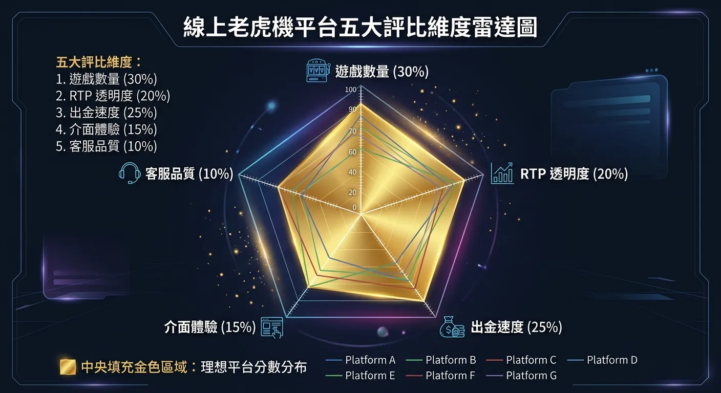 線上老虎機平台五大評比維度雷達圖，五個軸分別對應：遊戲數量（30%）、RTP 透明度（20%）、出金速度（25%）、介面體驗（15%）、客服品質（10%），中央填充金色區域表示理想平台的分數分布，旁邊附上各維度的權重百分比標籤