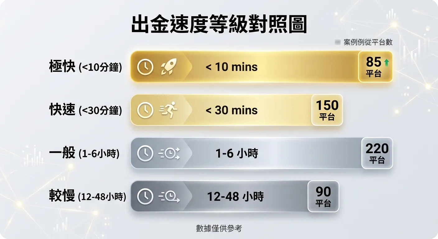 出金速度等級對照圖，四個橫向長條圖代表四個速度等級：極快（<10分鐘，金色）、快速（<30分鐘，淺金色）、一般（1-6小時，銀色）、較慢（12-48小時，灰色），每條長條後附平台數量，配色使用漸層色系