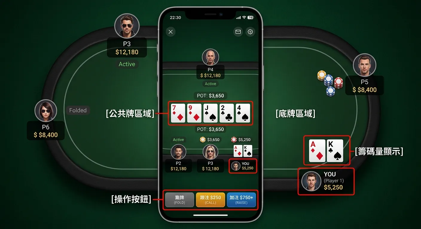 德州撲克 App 操作介面示意圖，手機螢幕顯示一張撲克牌桌，畫面包含：底牌區域、公共牌區域、籌碼量顯示、操作按鈕（棄牌/跟注/加注），用紅色標註框標示各功能區域的位置。配色使用深綠牌桌色
